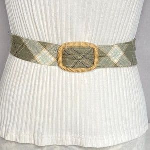 Womens Fabric Belt Size 10 Green White Plaid Woven Buckle